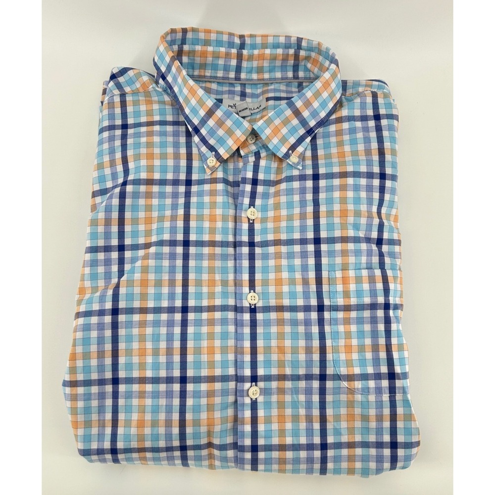 Peter Millar Shirt Mens 2XL Blue Orange Plaid Button Down Collar Long Sleeve